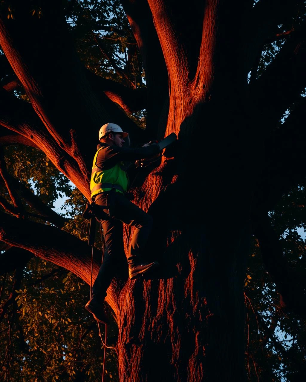 Professional arborist climbing and pruning a large tree at golden hour